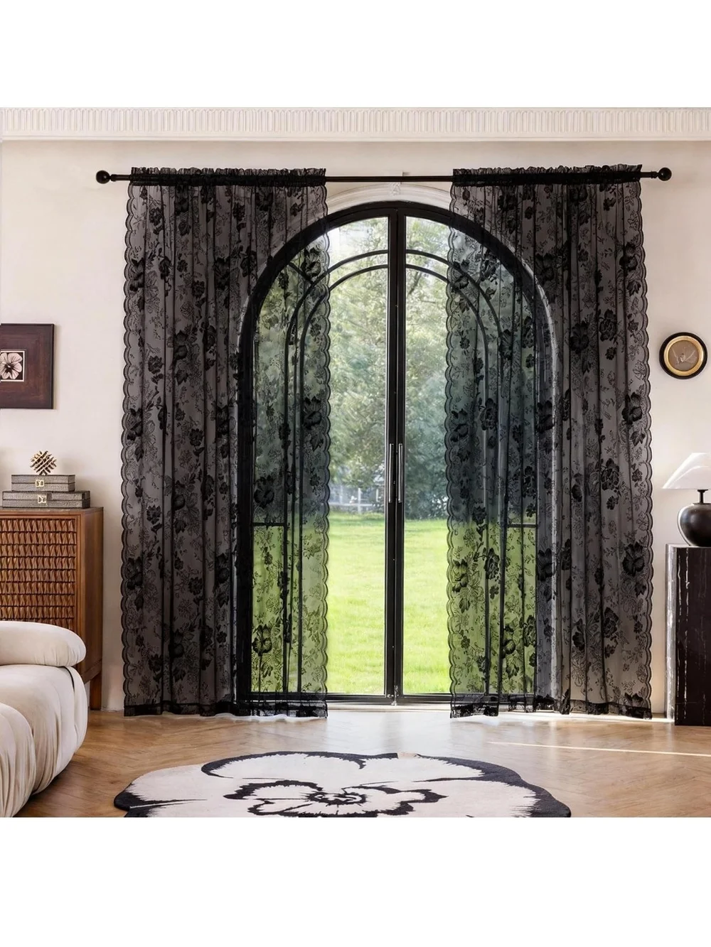Sheer Lace Black Window Curtain Panels - Elegant Home Accents
